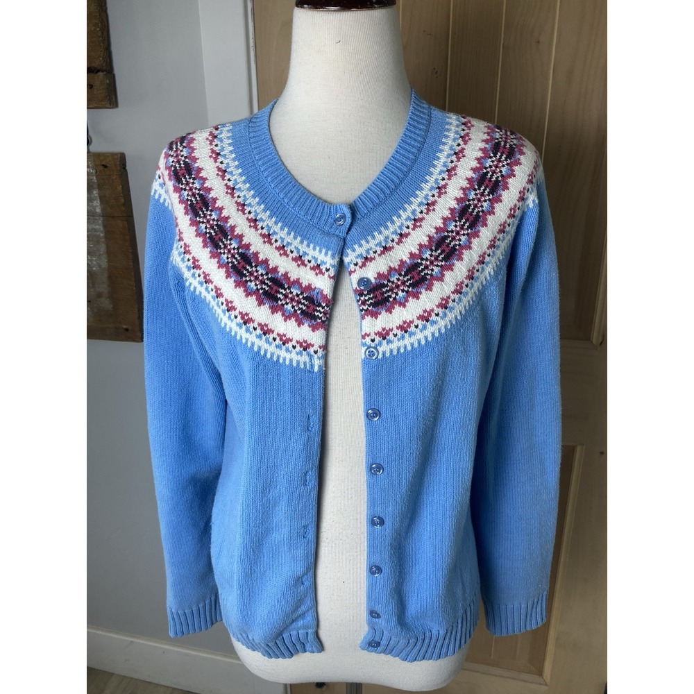 VTG IZOD Women's Cardigan Sweater Size M Blue Button Up Cable Knit EUC